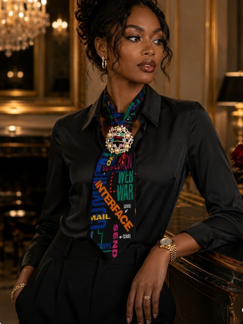 Silk Multicolor Graphic Print Neck Tie w Goldtone Necklace 🫰🏾💥